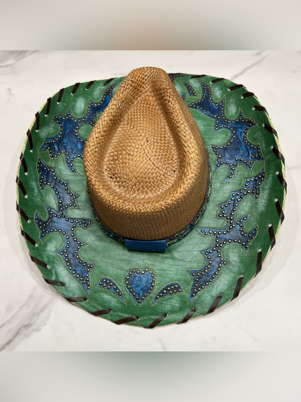 Bullhide Platinum Collection Gypsy Queen Western Straw Hat Blue/Green Studs Boho - Picture 4 of 7
